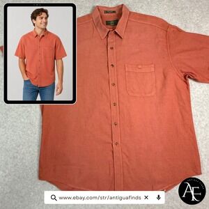 Orvis Mens XXL Short Sleeve Button Down Shirt Orange Textured Cotton Pocket